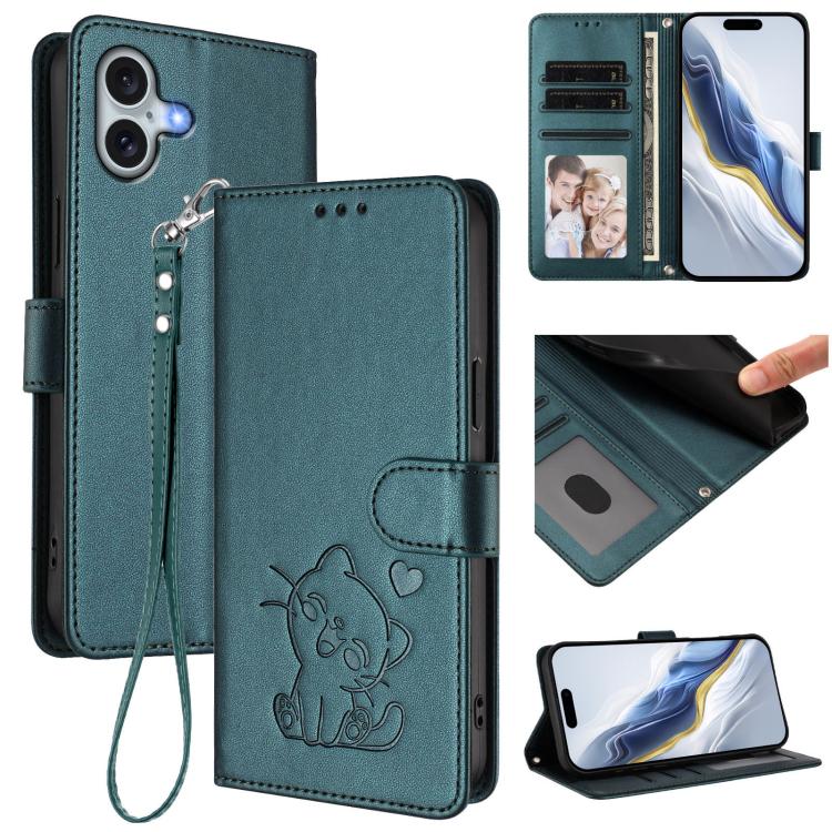 Embossed Heart Cat Leather Phone Case with Hand Strap, For iPhone 16, For iPhone 15 Pro Max