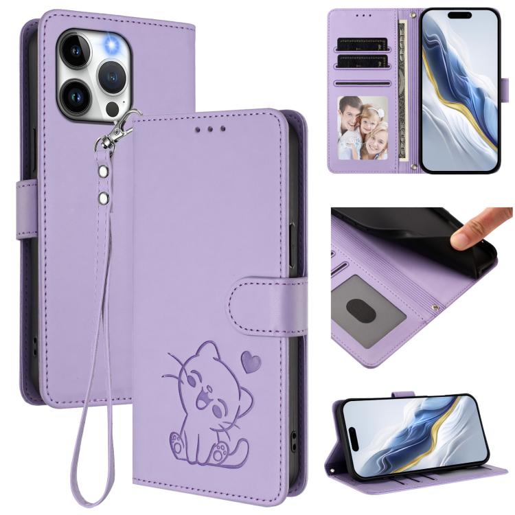 Embossed Heart Cat Leather Phone Case with Hand Strap, For iPhone 16, For iPhone 15 Pro Max