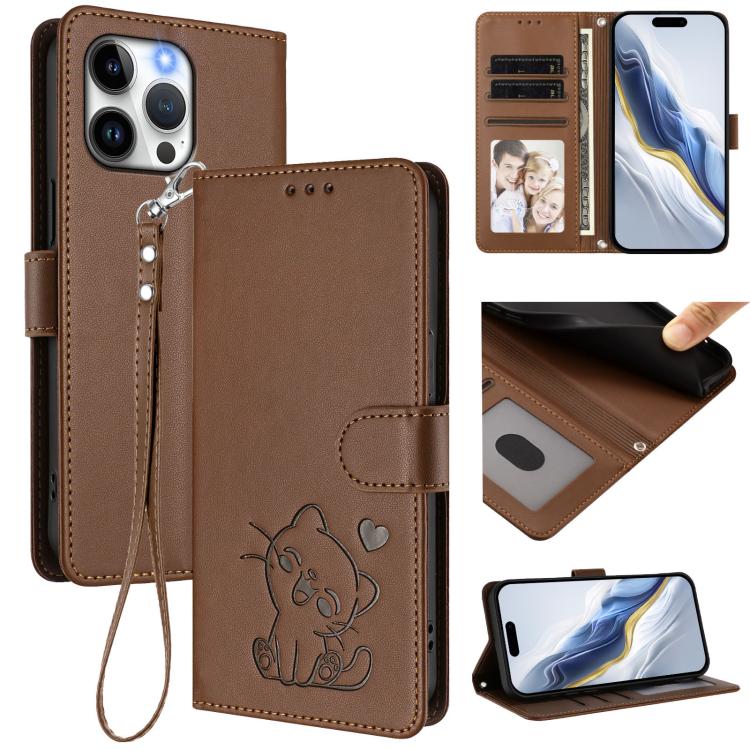 Embossed Heart Cat Leather Phone Case with Hand Strap, For iPhone 16, For iPhone 15 Pro Max