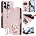 Embossed Heart Cat Leather Phone Case with Hand Strap, For iPhone 15 Pro, For iPhone 15 Plus