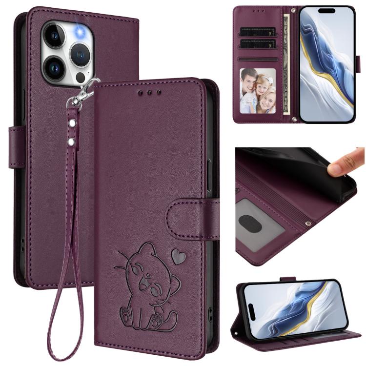 Embossed Heart Cat Leather Phone Case with Hand Strap, For iPhone 15 Pro, For iPhone 15 Plus