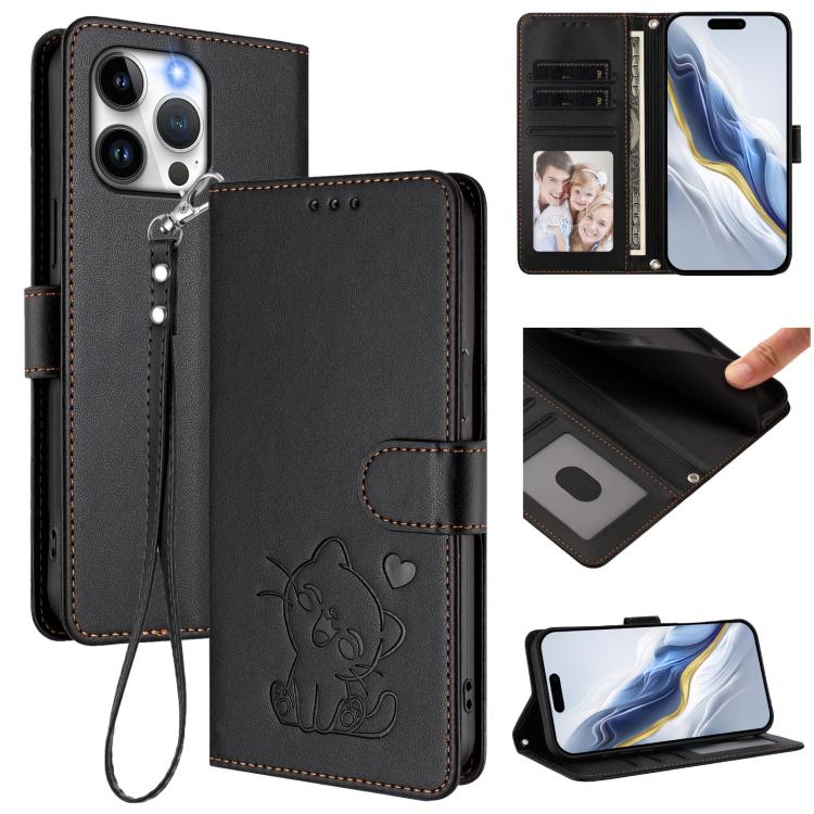 Embossed Heart Cat Leather Phone Case with Hand Strap, For iPhone 15 Pro, For iPhone 15 Plus