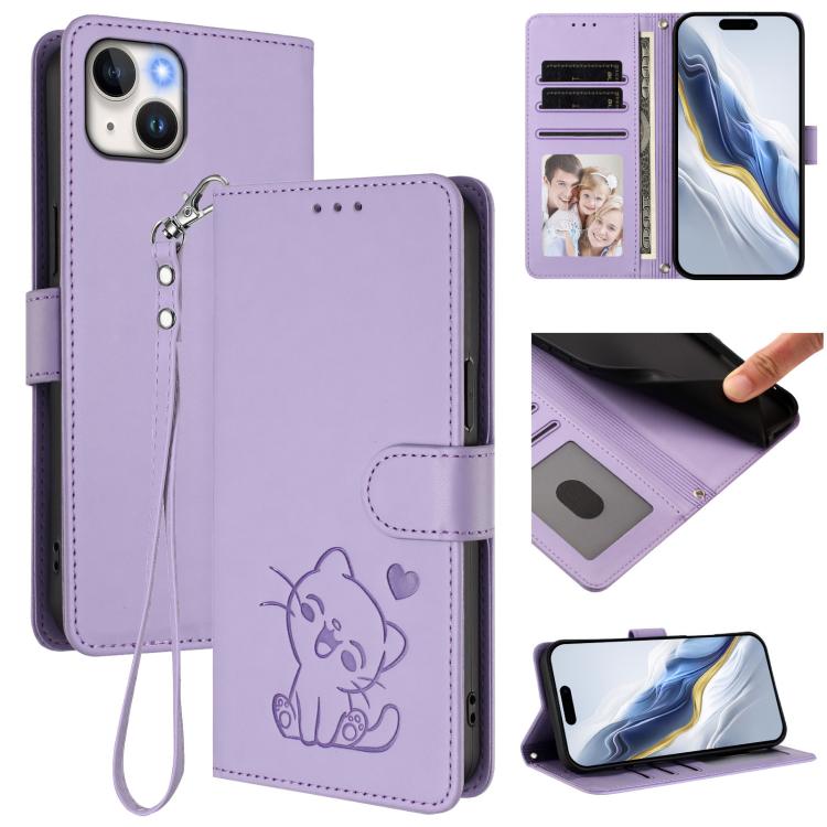 Embossed Heart Cat Leather Phone Case with Hand Strap, For iPhone 14 / 13, For iPhone 14 Pro