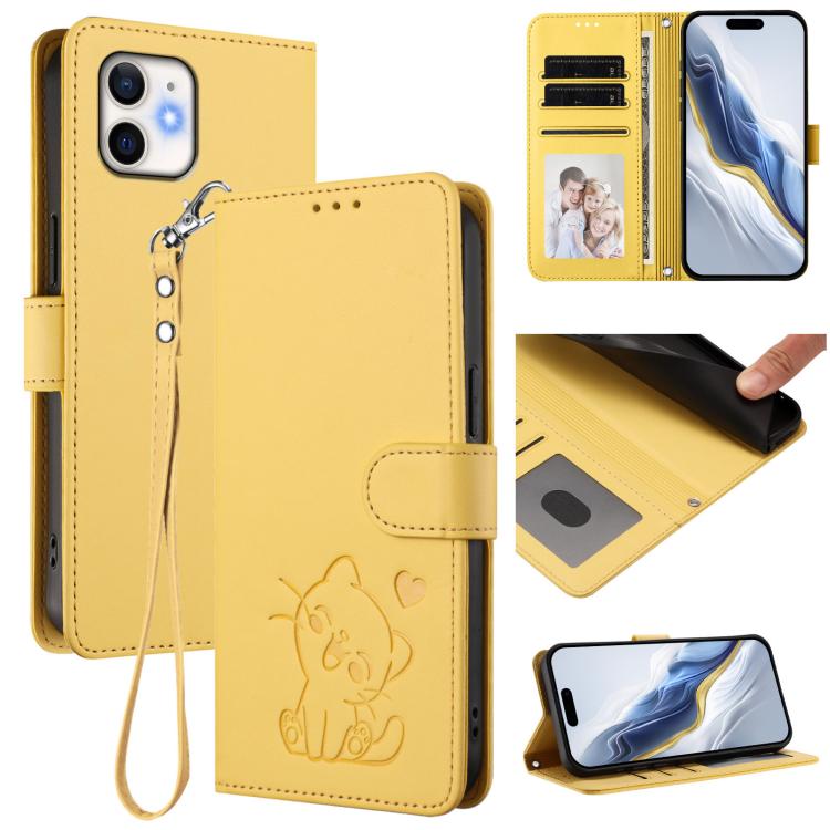 Embossed Heart Cat Leather Phone Case with Hand Strap, For iPhone 11 Pro Max, For iPhone 11