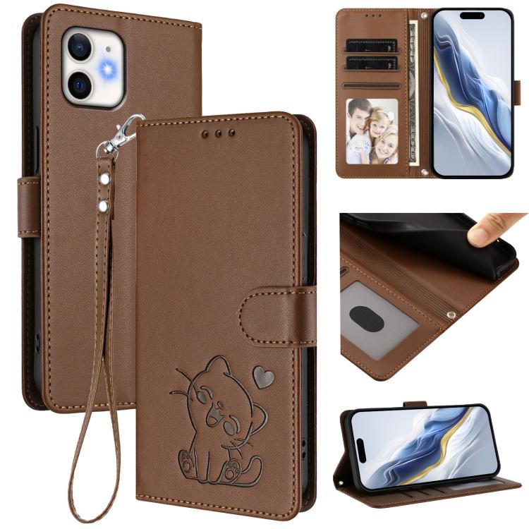 Embossed Heart Cat Leather Phone Case with Hand Strap, For iPhone 11 Pro Max, For iPhone 11