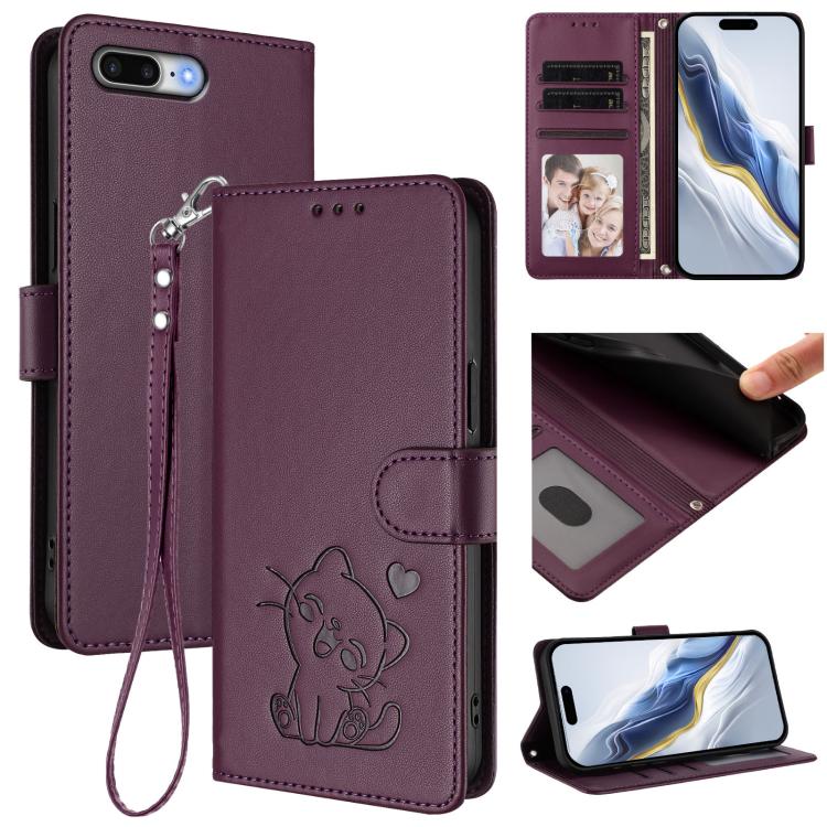Embossed Heart Cat Leather Phone Case with Hand Strap, For iPhone 7 Plus / 8 Plus