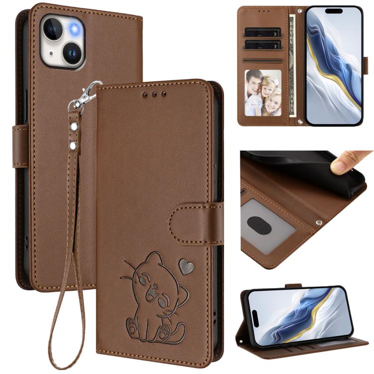 Embossed Heart Cat Leather Phone Case with Hand Strap, For iPhone 13 mini, For iPhone 12 / 12 Pro