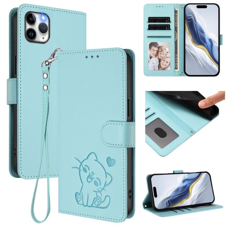 Embossed Heart Cat Leather Phone Case with Hand Strap, For iPhone 11 Pro Max, For iPhone 11