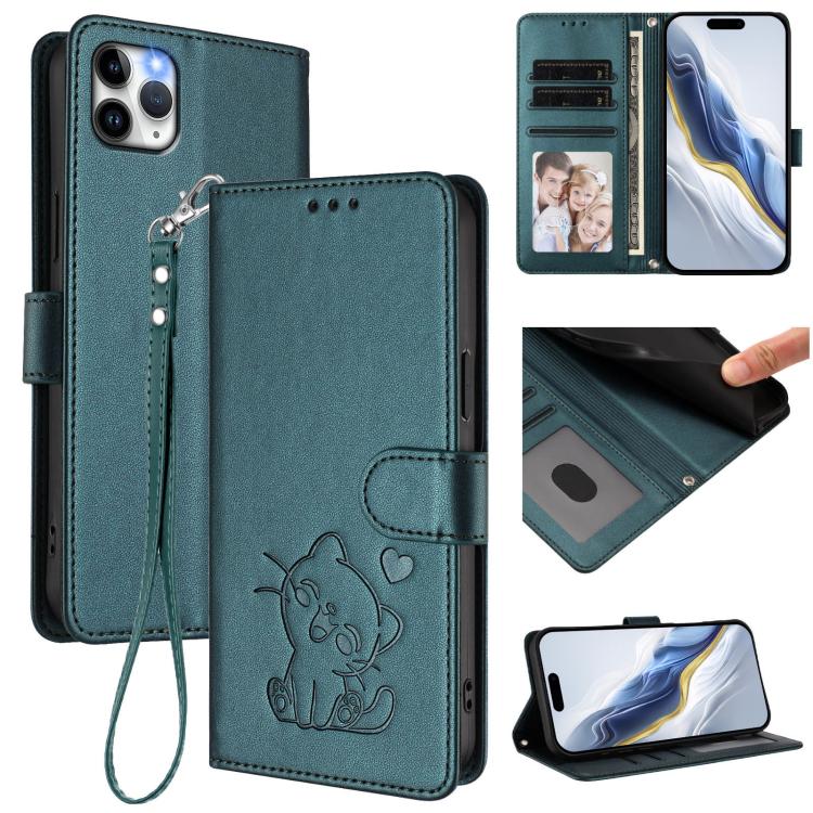 Embossed Heart Cat Leather Phone Case with Hand Strap, For iPhone 11 Pro Max, For iPhone 11