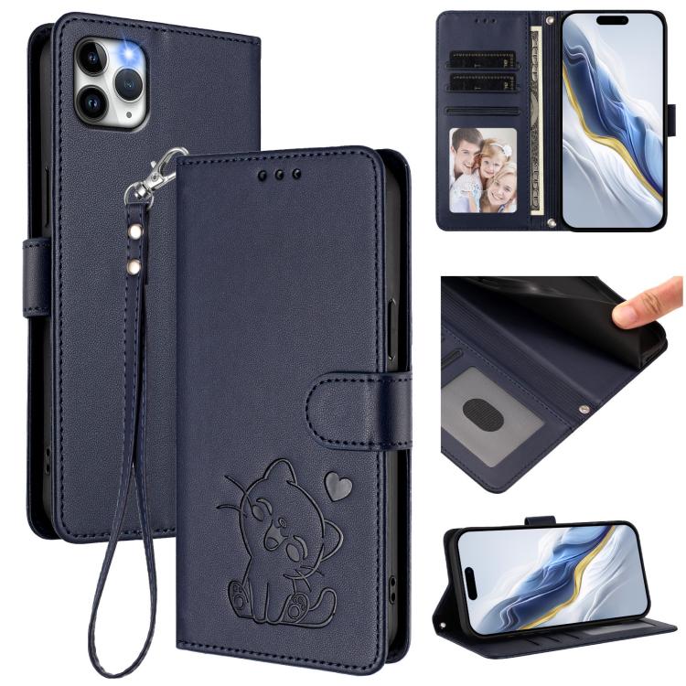 Embossed Heart Cat Leather Phone Case with Hand Strap, For iPhone 11 Pro, For iPhone X / XS