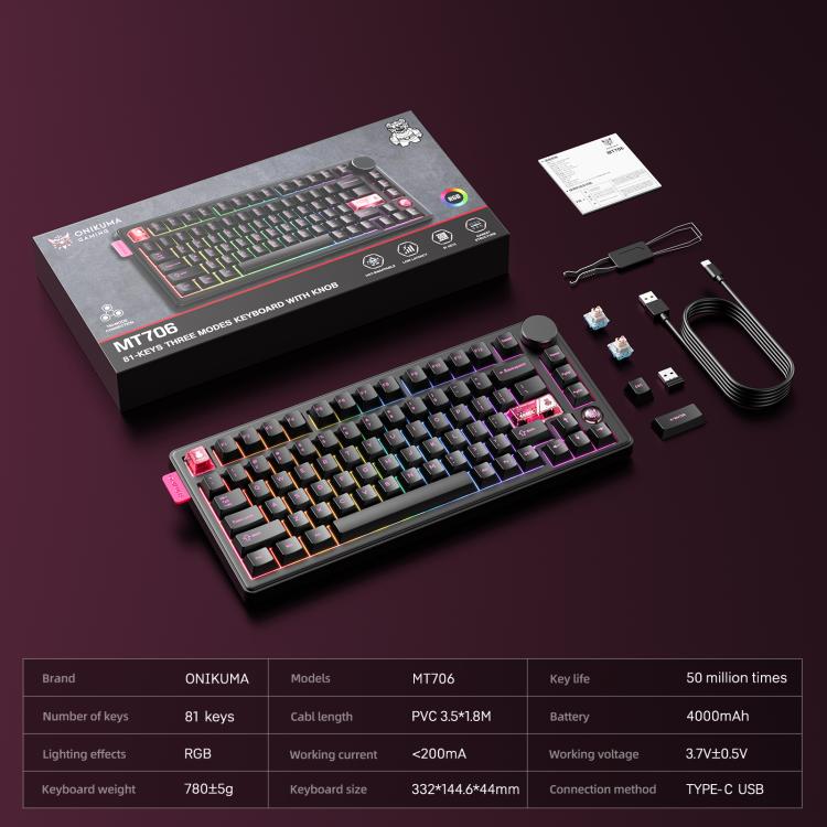 ONIKUMA MT706 81-Keys Hot Swappable Triple Mode Mechanical Keyboard, MT706