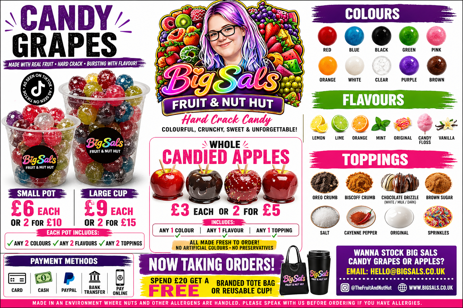 Big Sals Crystal Candy Grapes – Hard Crack Sugar Coated Grapes (Pick 2 Colours, Flavours & Toppings)