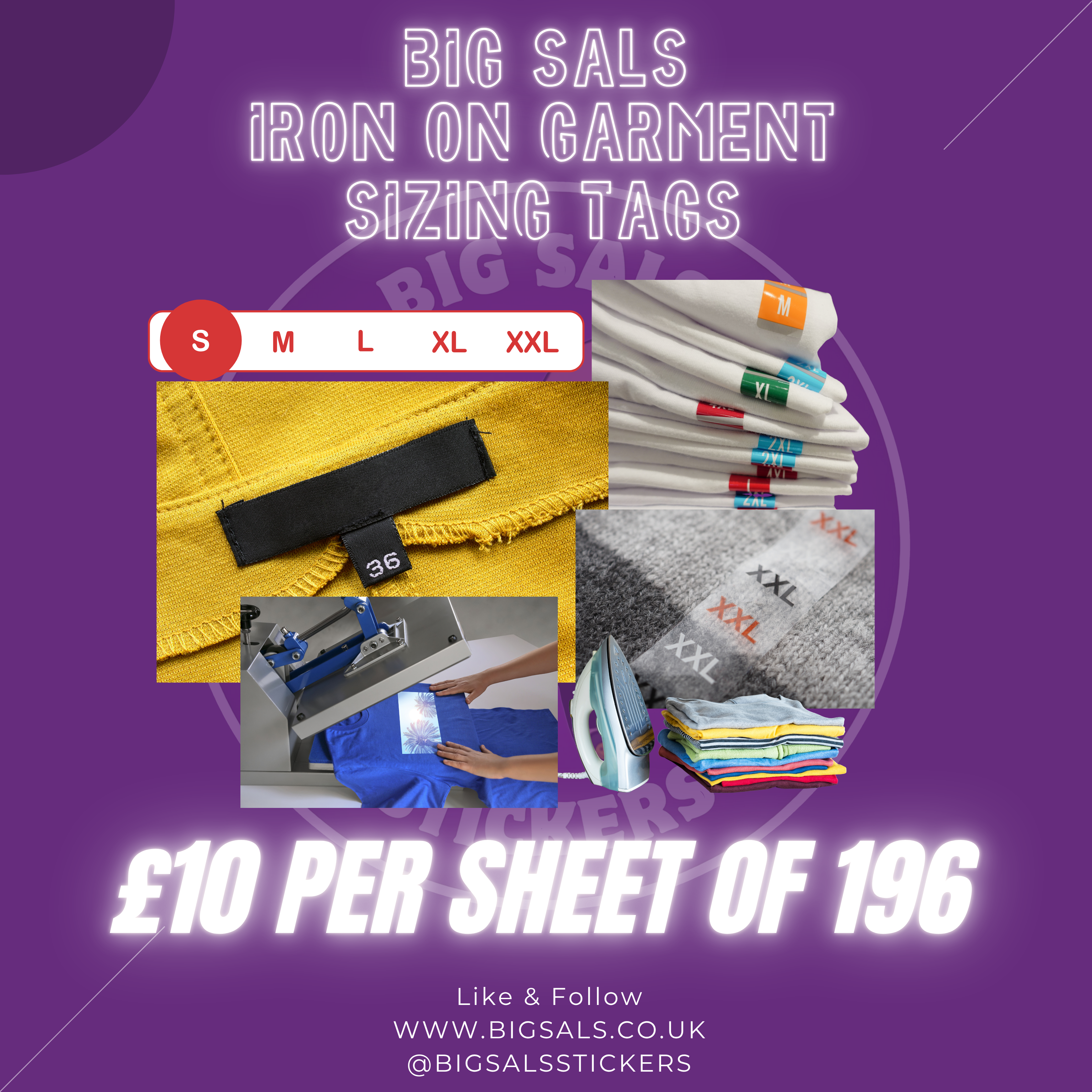 Iron-On Garment Size Labels – 196 Tags Per Sheet (S–6XL, 20mm × 20mm)