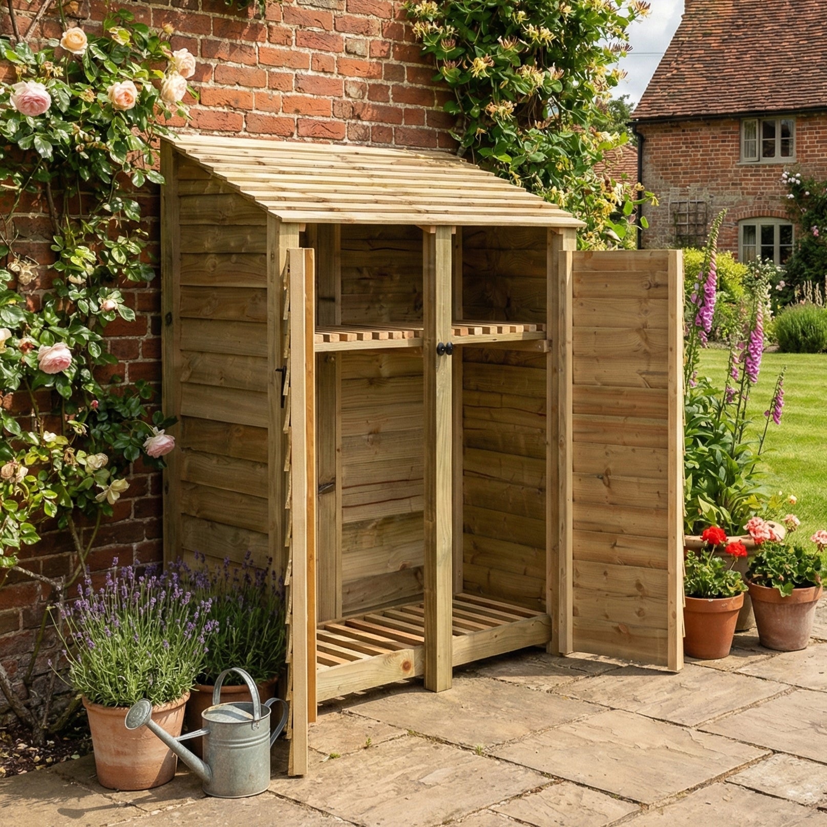 Wooden Log Store with Door and Shelf W-146cm, H-126cm or 180cm, D-88cm