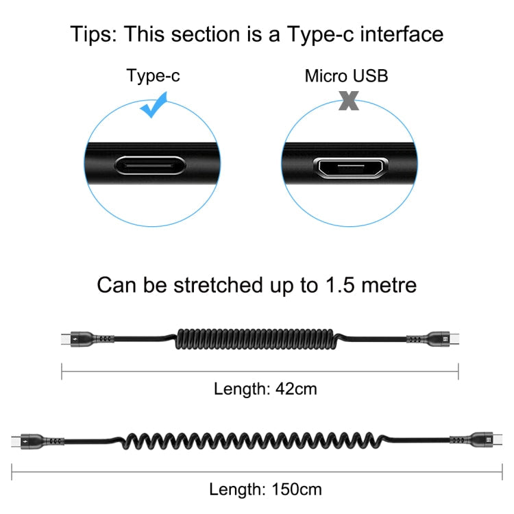 HAWEEL 1.5m 5A USB-C / Type-C to USB-C / Type-C Retractable Coiled PD Fast Charging Cable, 1.5m 5A Type-C