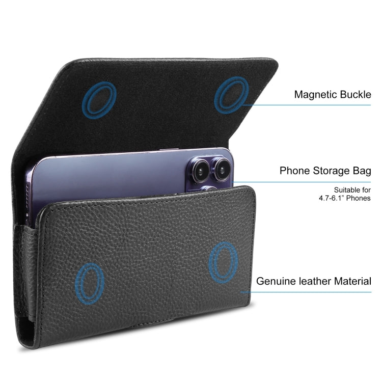 HAWEEL 4.7-6.1 inch Litchi Texture Genuine Leather Phone Belt Clip Horizontal Carrying Pouch (Black)