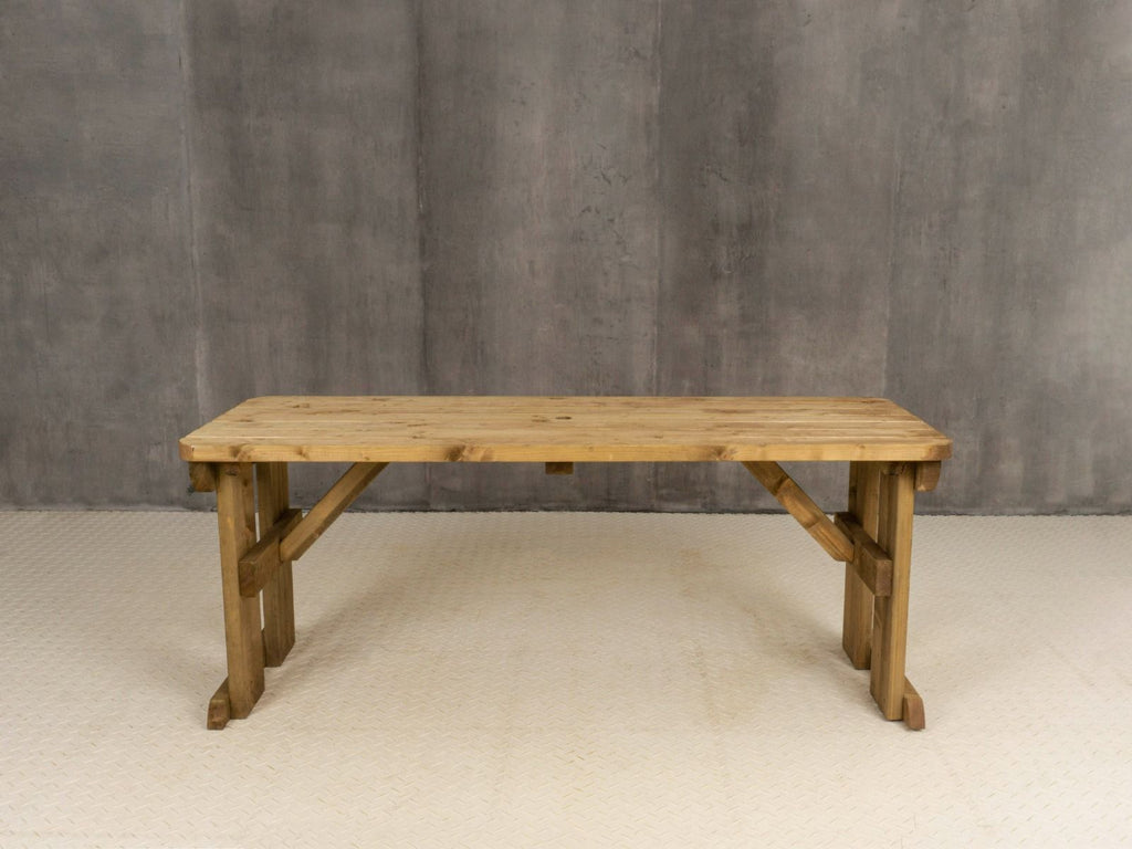 Hollies Rounded Wooden Garden Table, Outdoor Picnic Dining Desk - Rustic Finish