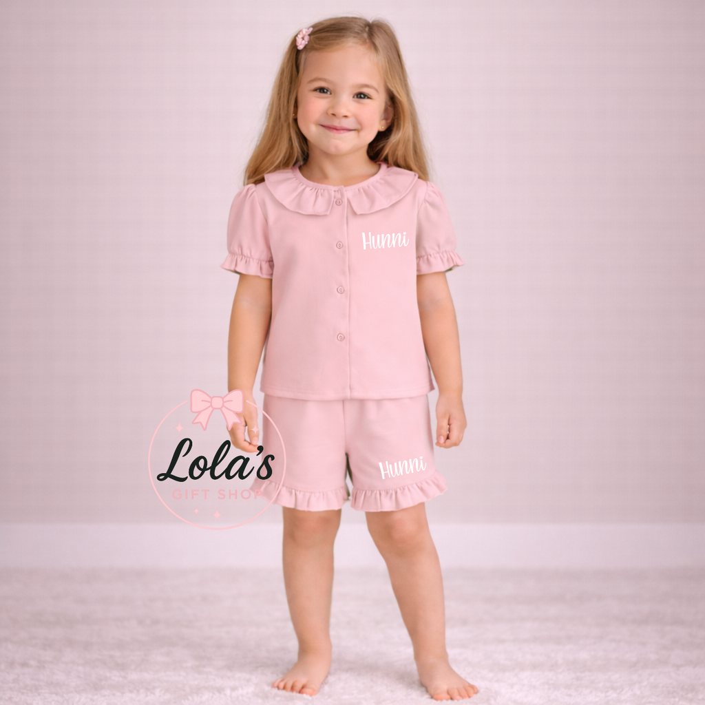 Linen personalised frill shorts and Tshirt set