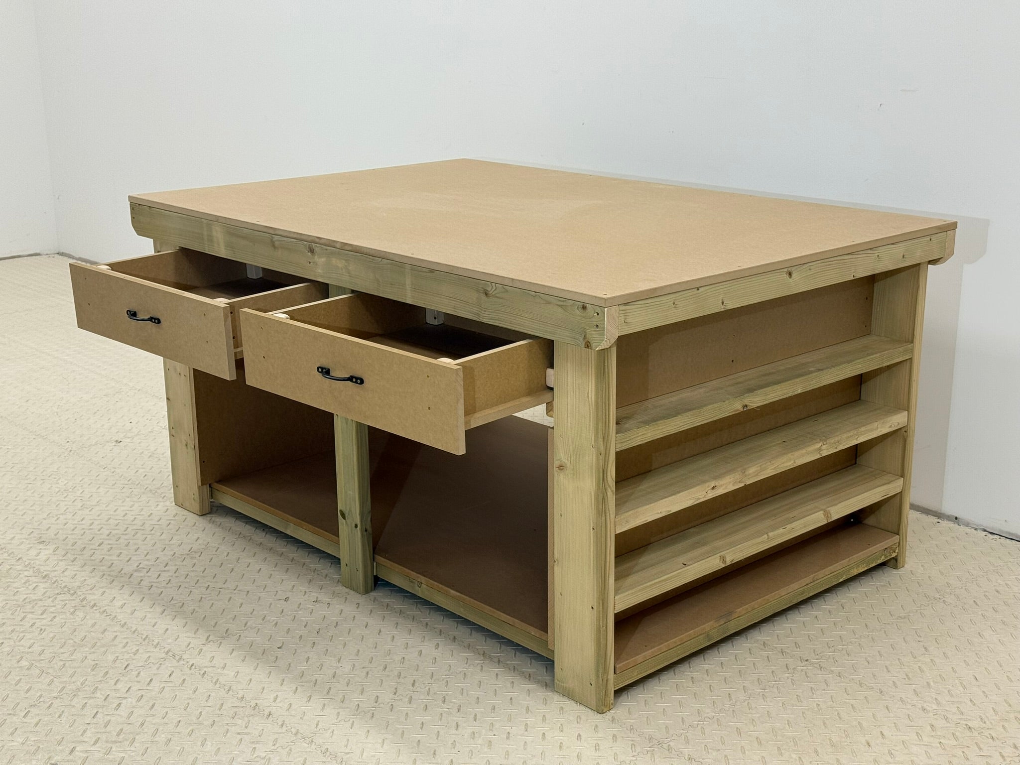 Wooden Workbench MDF Top with Extra shelving and Drawers Depth-4ft
