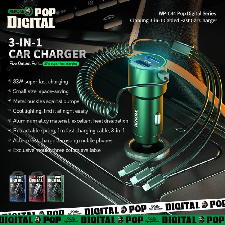 WK WP-C44 Pop Digital Series Ciahung 3-in-1 Cabled 33W Dual-USB Fast Car Charger, WP-C44 (Silver)