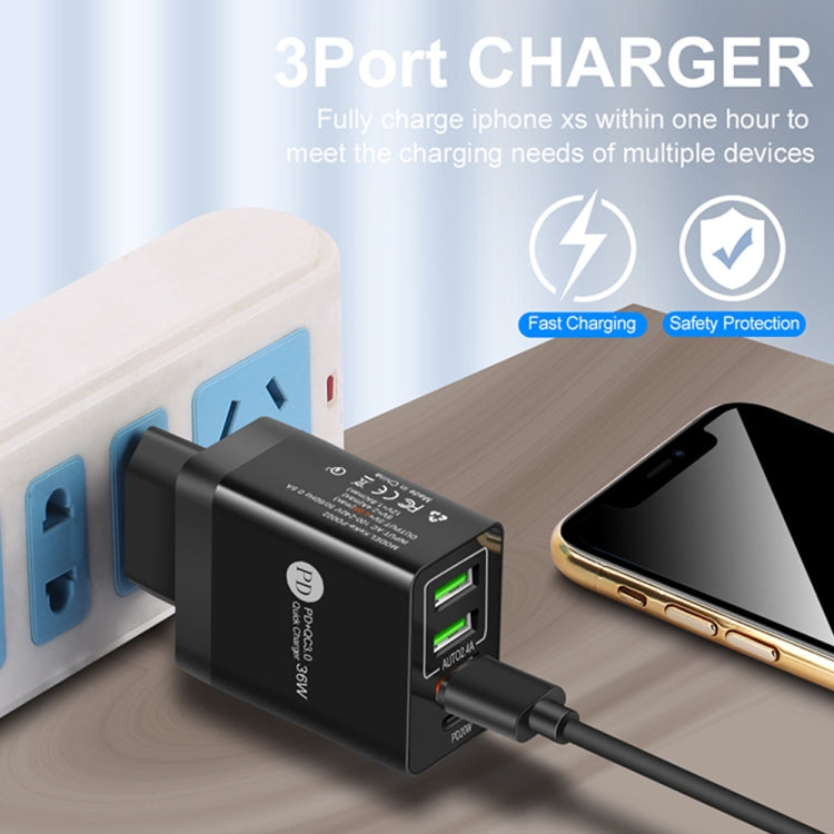 FLOVEME 210BL2008 PD20W+QC3.0+2.4A Dual USB 36W Fast Charge Mobile Phone Charger, EU Plug (Black)(Black)