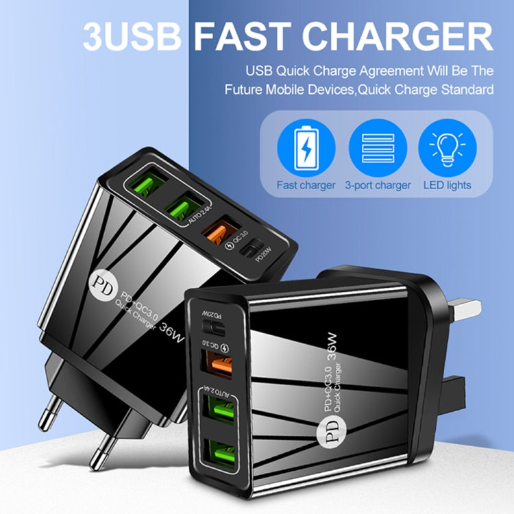 FLOVEME 210BL2008 PD20W+QC3.0+2.4A Dual USB 36W Fast Charge Mobile Phone Charger, EU Plug (Black)(Black)
