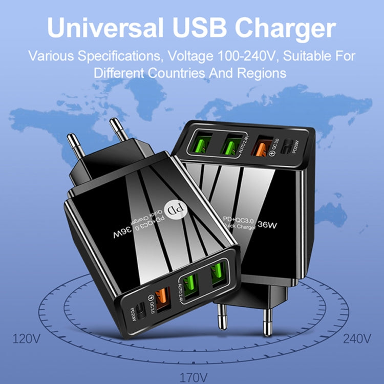 FLOVEME 210BL2008 PD20W+QC3.0+2.4A Dual USB 36W Fast Charge Mobile Phone Charger, EU Plug (Black)(Black)