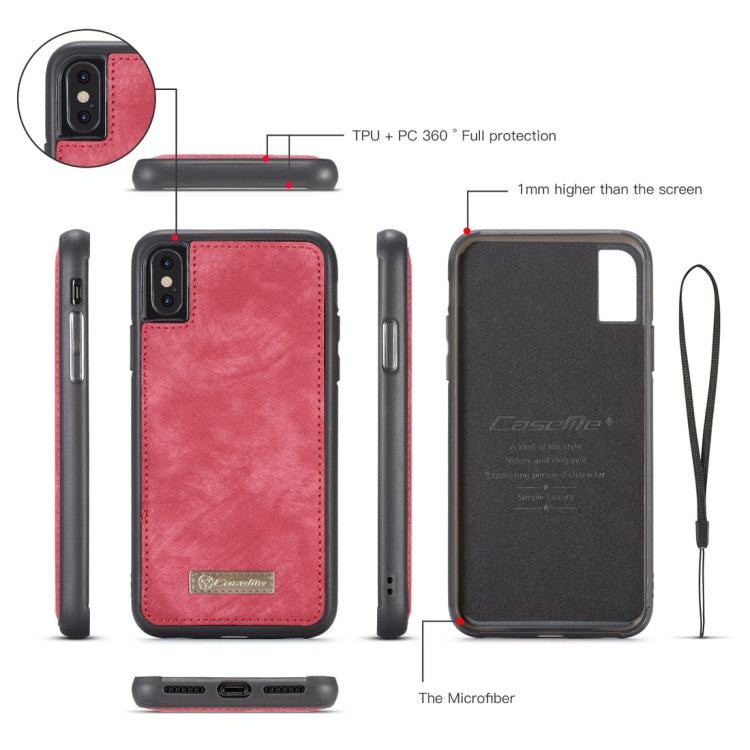 For iPhone X / XS CaseMe-008 TPU + PC Magnetic Absorption Detachable Back Cover Horizontal Flip Leather Case with Holder & Card Slots & Zipper Wallet & Photo Frame