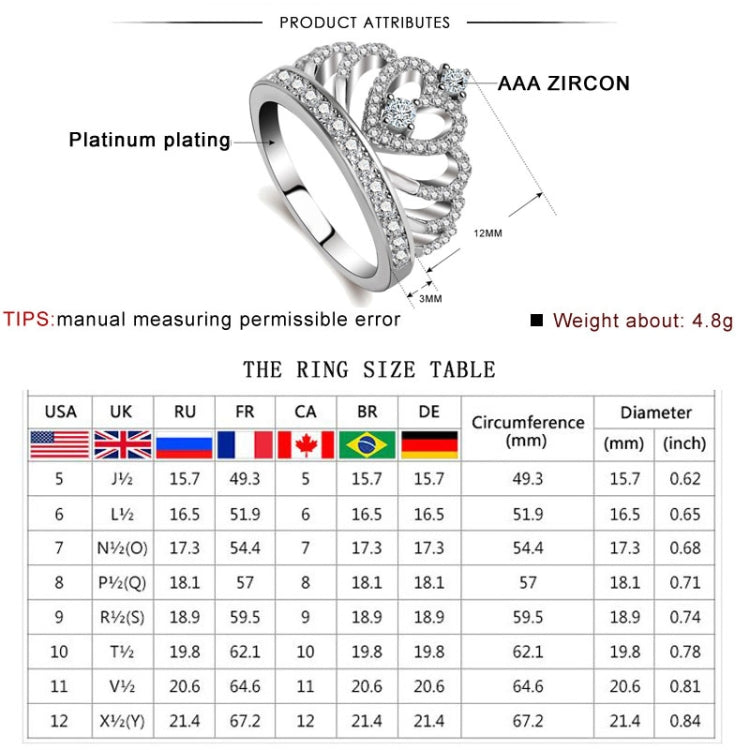 Princess Queen Crown-shaped Platinum Plated Zircon Ring, US Size: 5, Diameter: 15.7mm, Perimeter: 49.3mm(Silver)