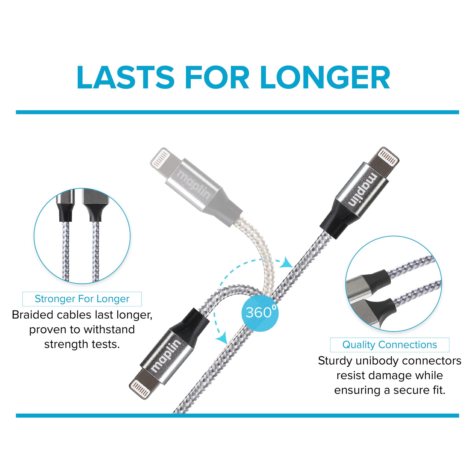 Maplin Premium Apple MFI Certified Tangle-Free Lightning to USB-A 2.0 Cable - Silver, 3m