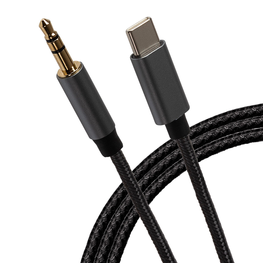 Maplin USB-C to 3.5mm Aux Stereo 3-Pole Jack Plug Braided Cable - Black, 2m