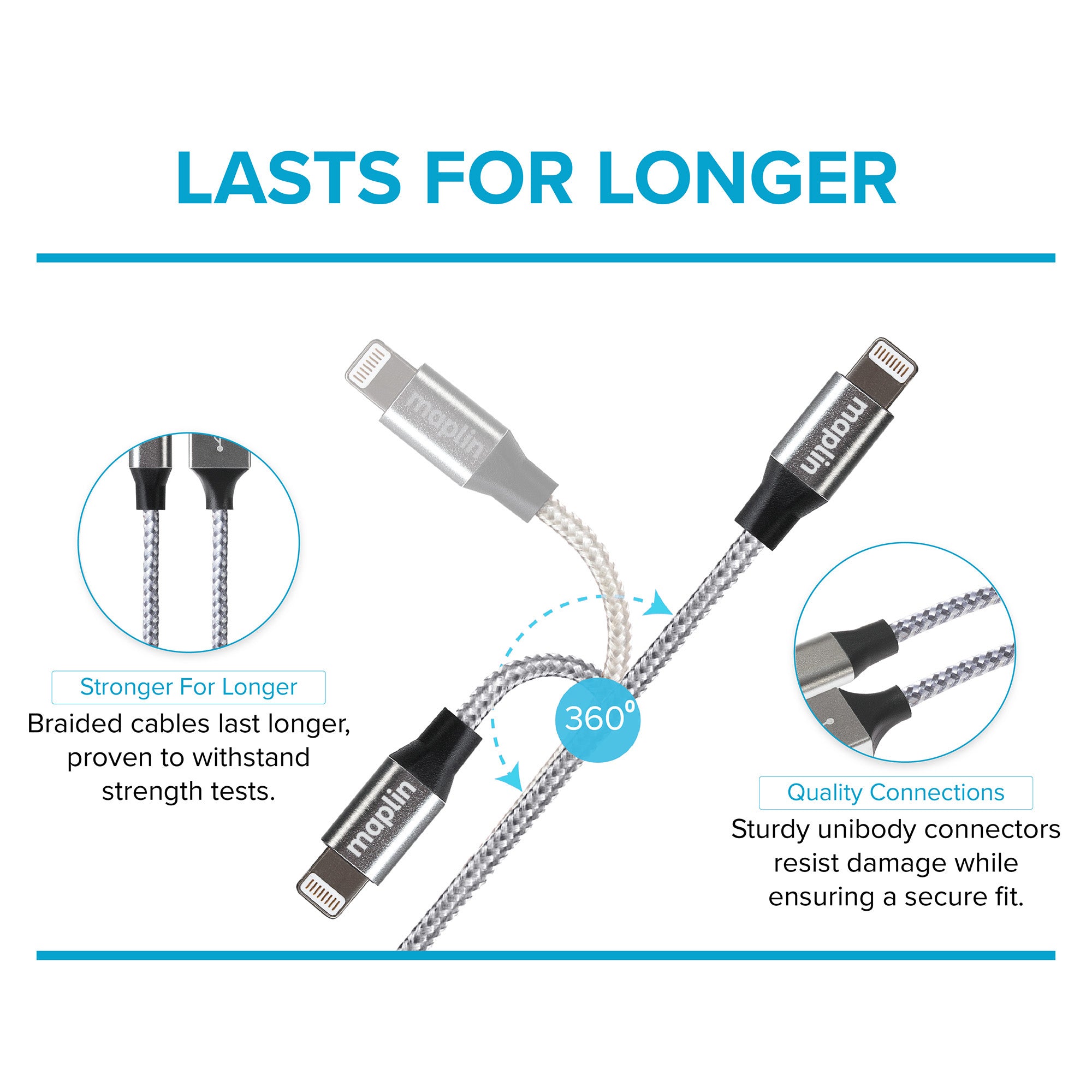 Maplin Lightning to USB-C 20W High Speed Braided Cable - Silver, 3m