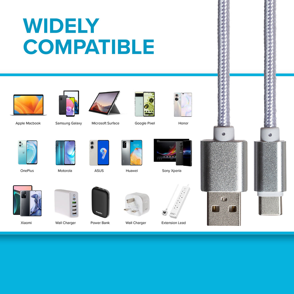 Maplin USB-C to USB-A Braided Cable - Silver, 0.25m