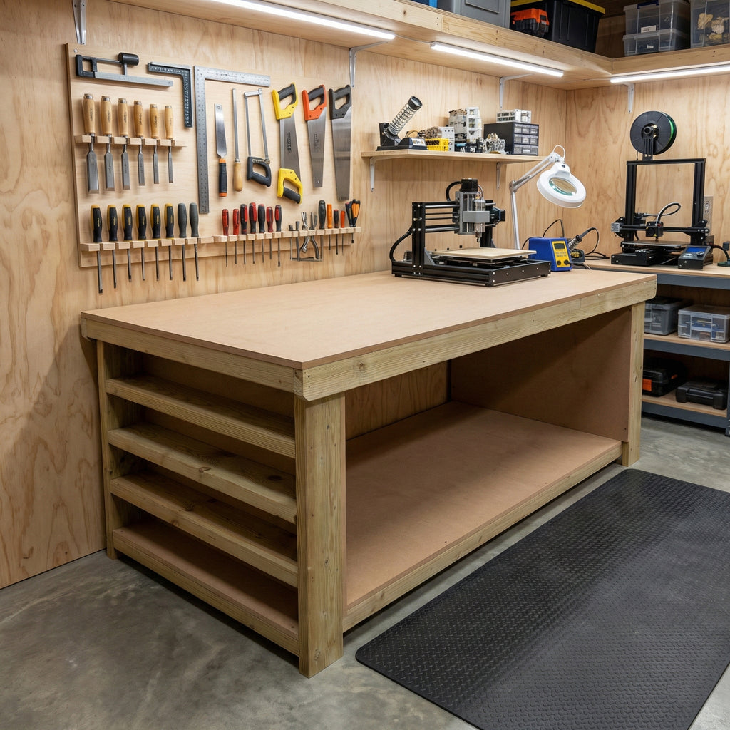 Wooden Workbench MDF Top with Extra shelving Depth-4ft