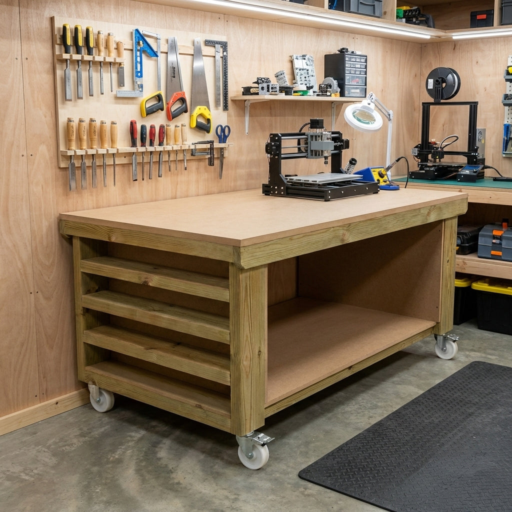 Wooden Workbench MDF Top with Extra shelving Depth-3ft