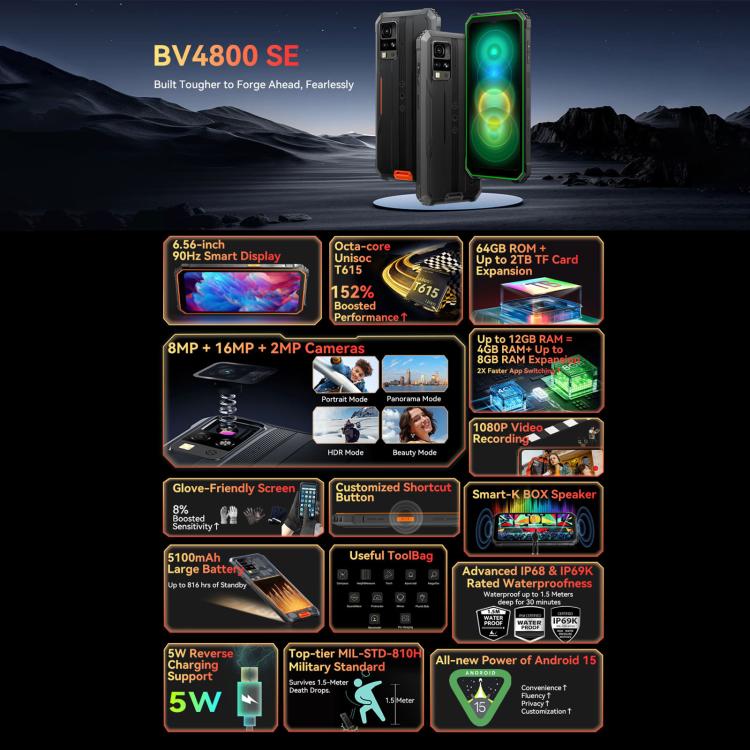 Blackview BV4800 SE Rugged Phone, 4GB+64GB, 6.56 inch Android 15 UMS9320E T615 Octa Core, Network: 4G, OTG, NFC, BV4800 SE 4GB+64GB