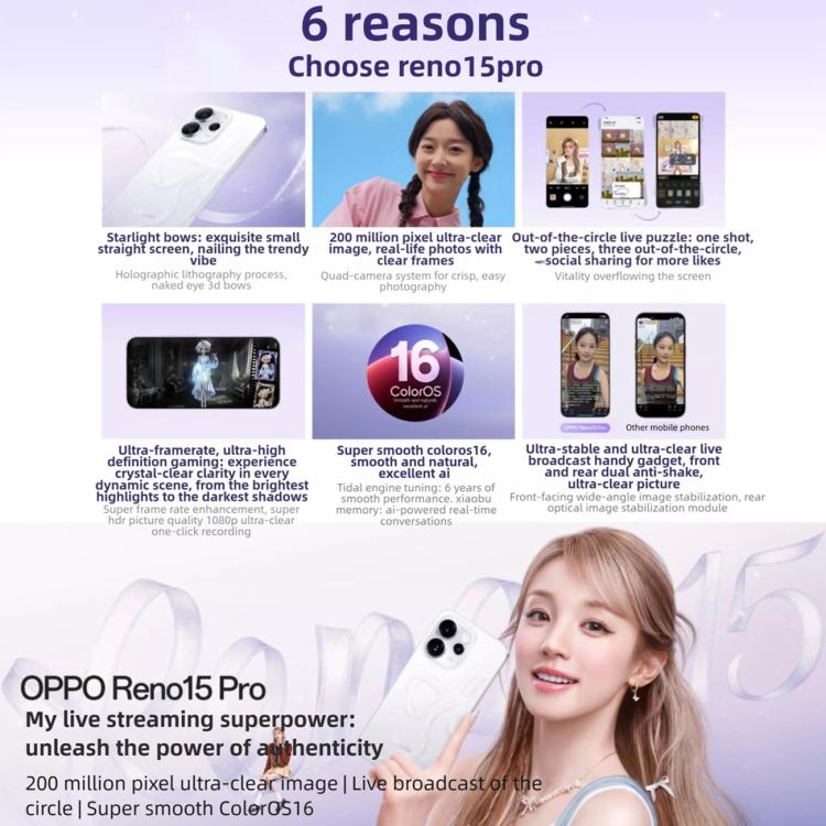 OPPO Reno15  Pro, 12GB+256GB, Screen Fingerprint, 6.78 inch ColorOS 16.0 MediaTek Dimensity 8450 Octa Core, NFC, OTG, Network: 5G, 12GB+256GB