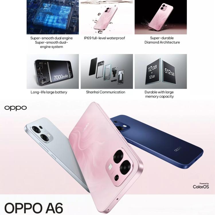 OPPO A6 5G, 12GB+512GB, Screen Fingerprint, 6.57 inch ColorOS 15 Dimensity 7300 Octa Core, NFC, OTG, Network: 5G, 12GB+512GB
