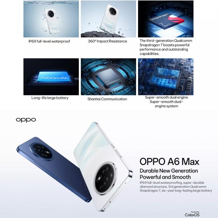 OPPO A6 Max 5G, 8GB+256GB, Screen Fingerprint, 6.8 inch ColorOS 15.0 Android 15 Qualcomm Snapdragon 7 Gen 3 Octa Core, NFC,Network: 5G, A6 Max 5G, 8GB+256GB