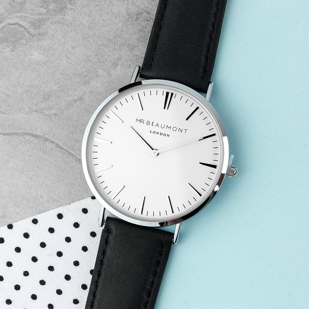 Mr Beaumont Personalised Men's Leather Watch In Black