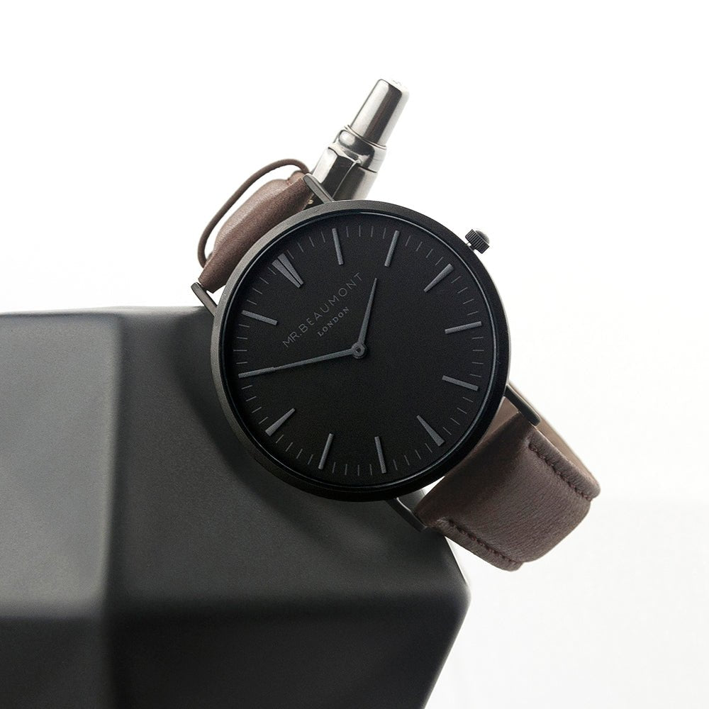Men's Modern-Vintage Personalised Watch With Black Face In Brown
