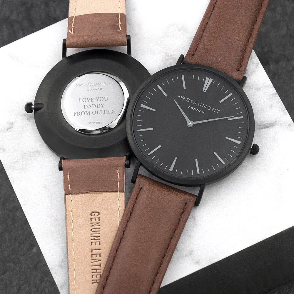 Men's Modern-Vintage Personalised Watch With Black Face In Brown