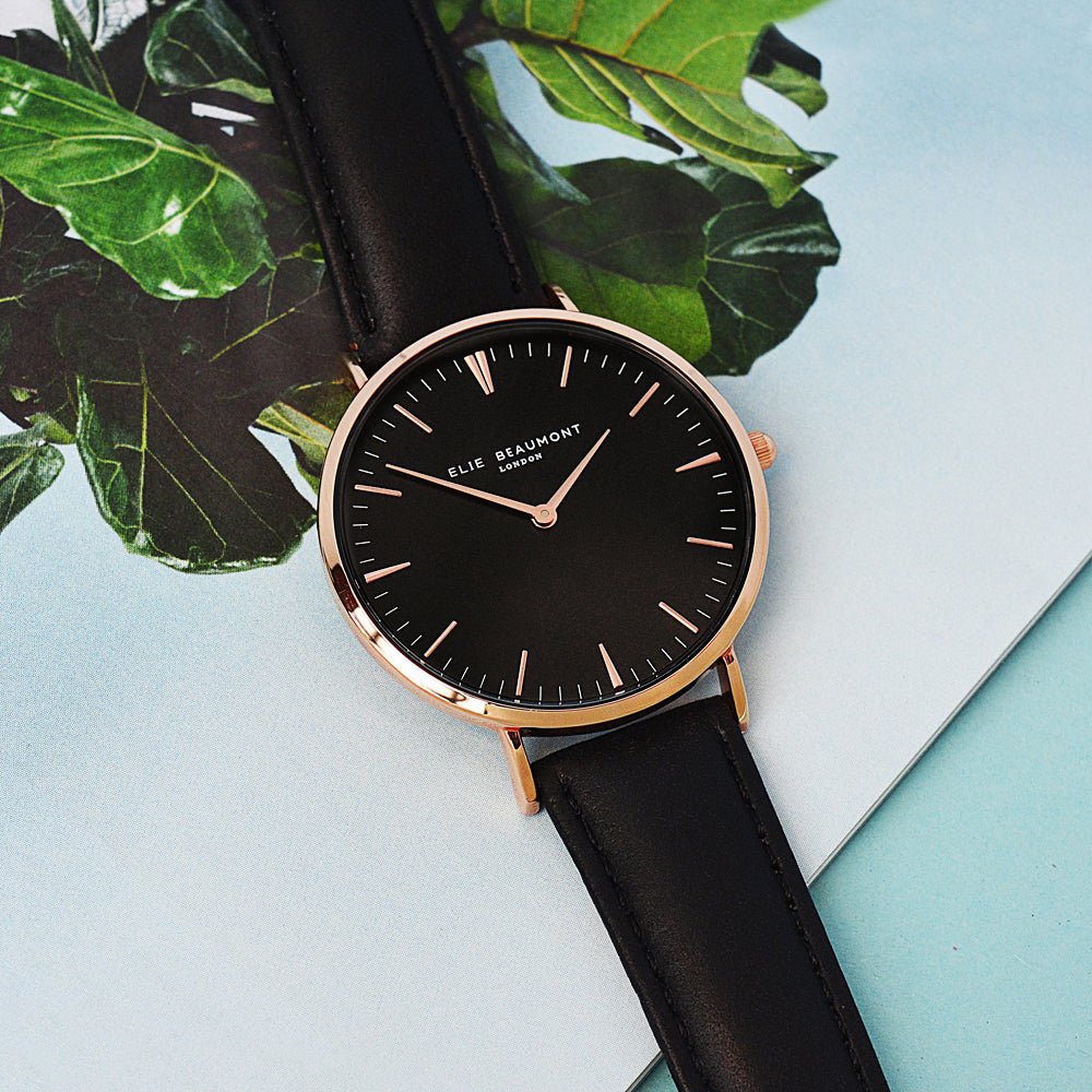Mens Modern Vintage Personalised Watch With Leather Black Strap