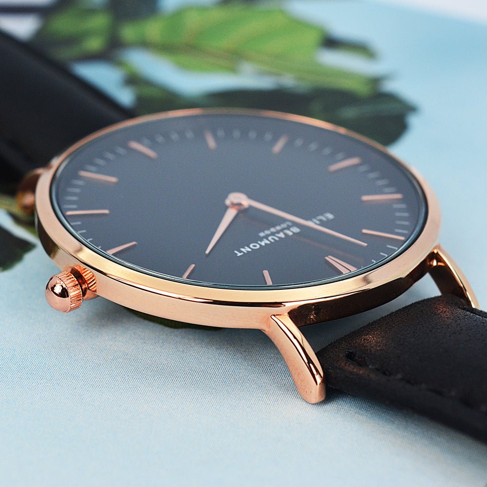 Mens Modern Vintage Personalised Watch With Leather Black Strap