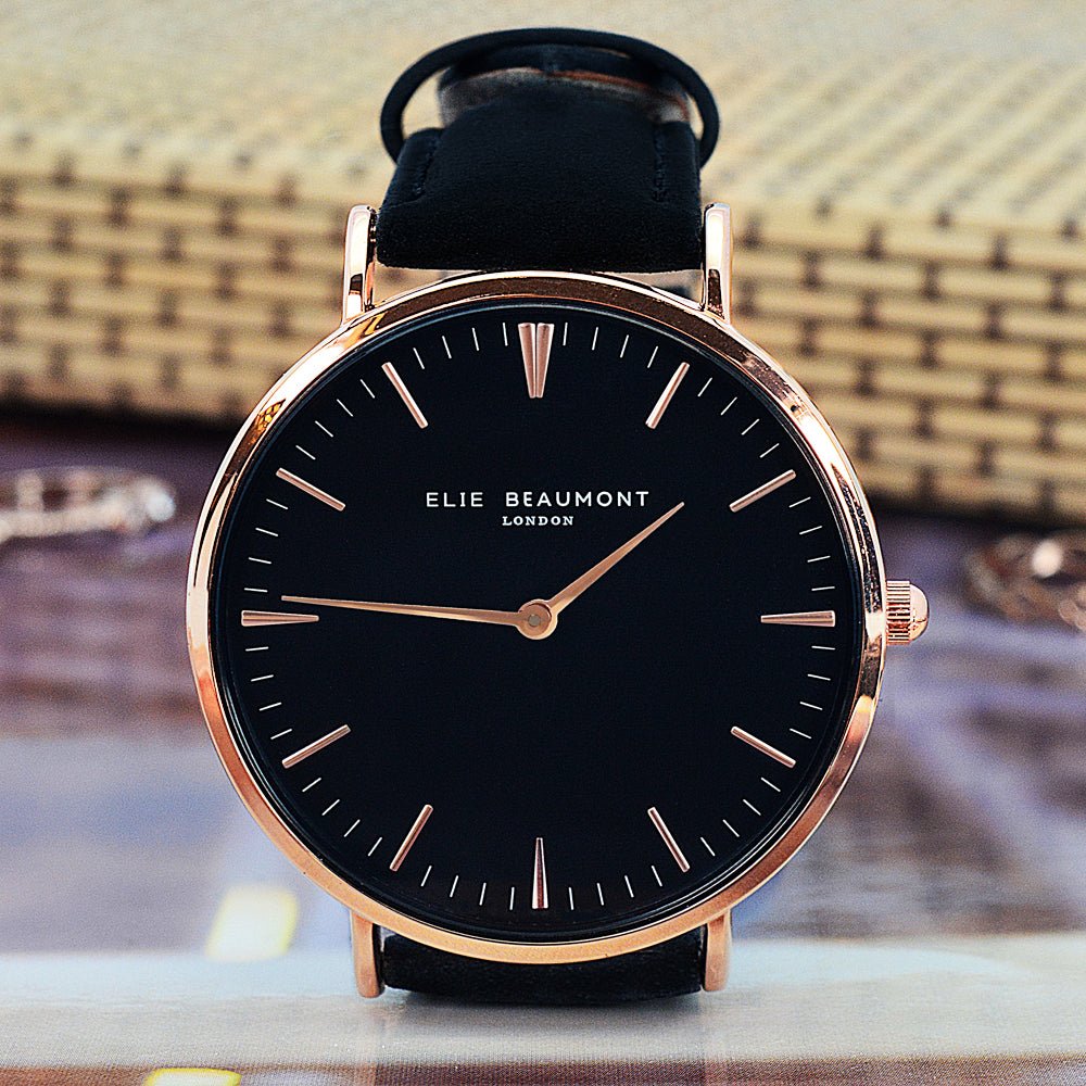 Mens Modern Vintage Personalised Watch With Leather Black Strap