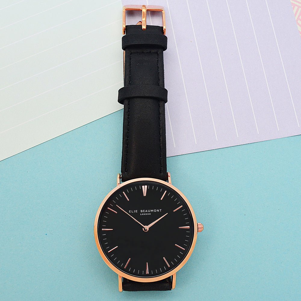 Mens Modern Vintage Personalised Watch With Leather Black Strap