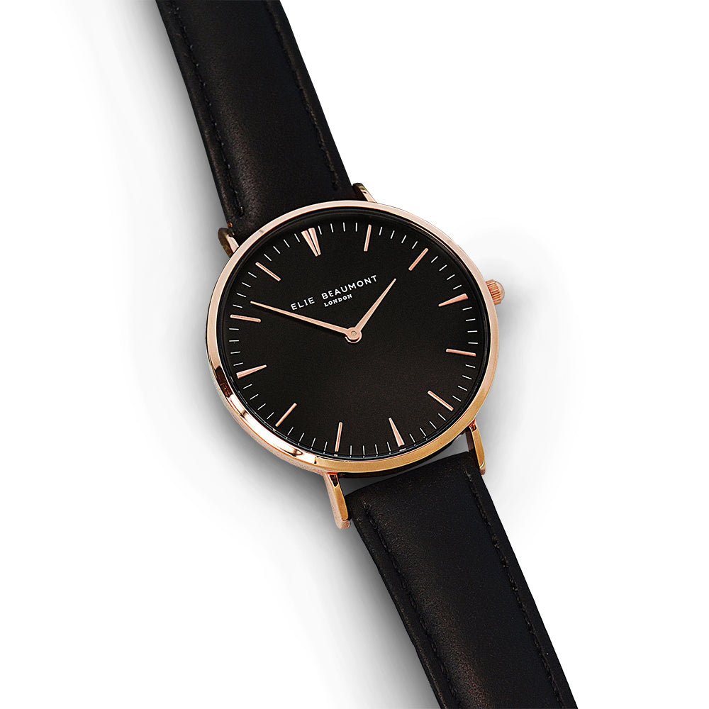 Mens Modern Vintage Personalised Watch With Leather Black Strap