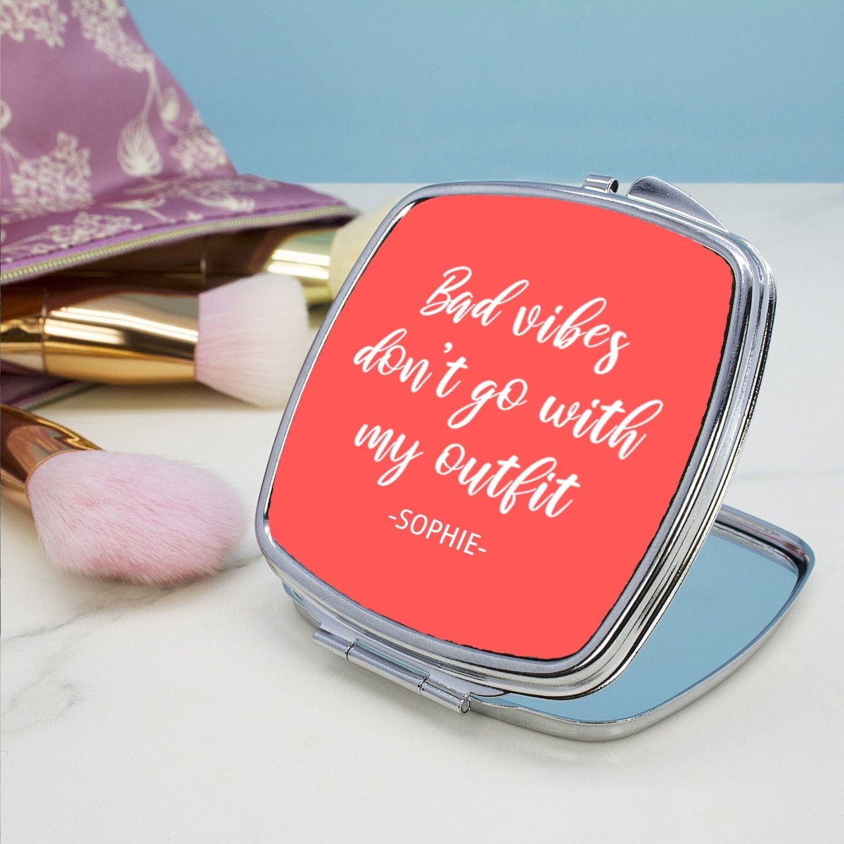 Personalised No Bad Vibes Square Compact Mirror