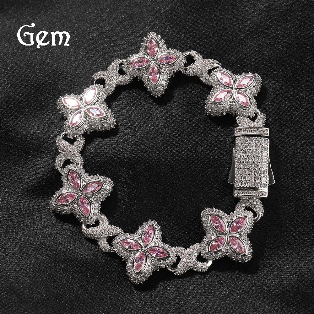 Hip-Hop Rap Chain Infinite Four-Leaf Clover Bracelet Fashionable Trendy Cool Handsome High-End 5A Zircon Colorful Necklace Jewelry