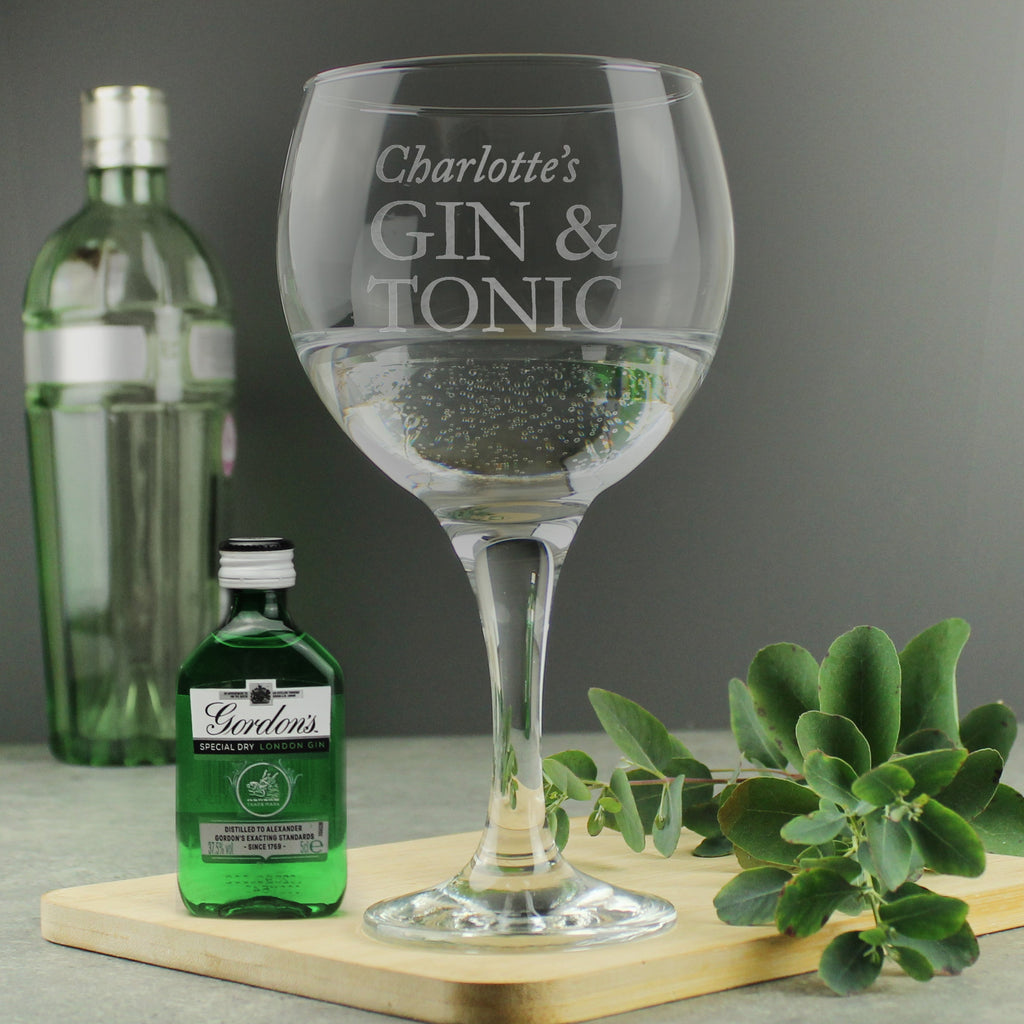 Personalised Gin & Tonic Balloon Glass With Gin Miniature Set